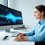 A professional female designer, fully clothed in a modest business casual outfit, sitting at a sleek, modern desk in a well-lit, contemporary creative studio. She is thoughtfully interacting with a large, glowing holographic interface that represents artificial intelligence collaboration, with abstract data visualizations flowing around her. The environment is minimalist and high-tech, showcasing innovation and future-focused design. Perfect anatomy, correct proportions, natural pose, well-formed hands, proper finger count, natural body proportions, professional photography, high resolution, intricate details, vibrant colors, cinematic lighting, safe for work, appropriate content, fully clothed, professional.