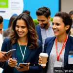 미래 직업을 위한 네트워킹 방법 - A professional networking event scene in São Paulo, Brazil, featuring a diverse group of business pe...