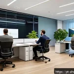 미래의 직장 환경 변화 예측 - A modern hybrid office environment showcasing a diverse group of professionals collaborating seamles...