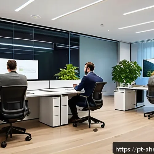 미래의 직장 환경 변화 예측 - A modern hybrid office environment showcasing a diverse group of professionals collaborating seamles...