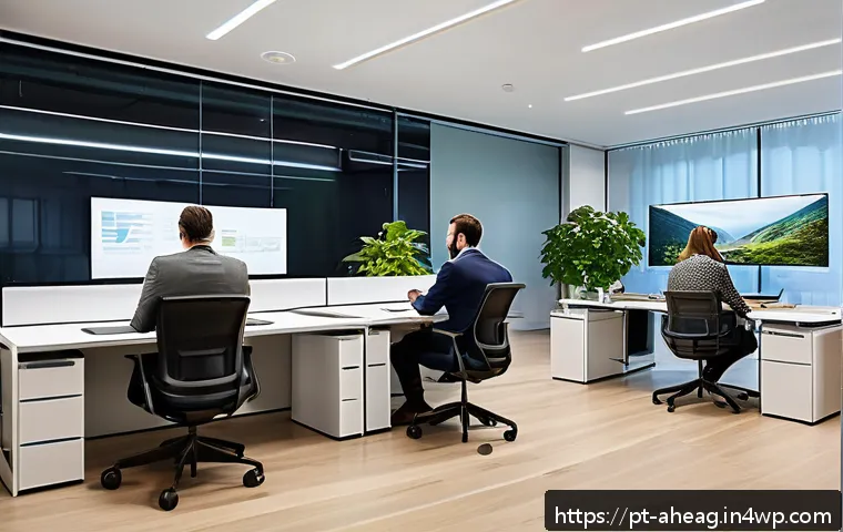 미래의 직장 환경 변화 예측 - A modern hybrid office environment showcasing a diverse group of professionals collaborating seamles...