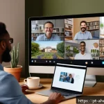 미래 직업을 위한 협업 기술 개발 - A diverse remote team engaged in a virtual coffee break, smiling and chatting via video call on mult...
