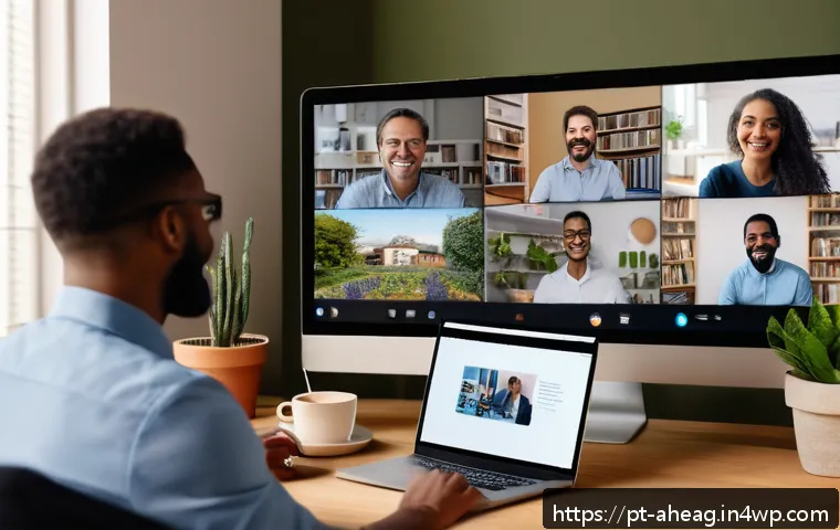 미래 직업을 위한 협업 기술 개발 - A diverse remote team engaged in a virtual coffee break, smiling and chatting via video call on mult...